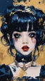 Placeholder: Poster in two gradually, a one side malevolent goth vampire girl face and other side the Singer Melanie Martinez face, painting by Yoji Shinkawa, darkblue and gold tones,