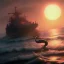 Placeholder: franz frazetta style, dead kraken on the sea, sunrise, open seas