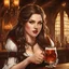 Placeholder: A young woman with pale skin and long brown hair in a fantasy tavern setting with intricate details. She is smirking, a tavern wench pouring a glass of whiskey, has intense red eyes, intimidating presence. High definition.