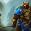 Placeholder: An angry bear warrior in blue and gold armor, background of Inka jungle, high detail, smooth, realistic, digital illustration, Artstation, artgerm,