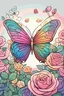 Placeholder: A Cartoon with thick line featuring a butterfly, rainbow, and Rose flowers.
