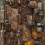 Placeholder: an abstract painting of rusted metal and flowers, african portrait, rust, scaffolding, iron cladding, decay, mixed media, textured, anatomically correct, beautiful perfect face, sharp focus, highly detailed,new york slums, apartment building ,rundown, realistic, unity engine, bloom,cinematic lighting,blue tone, octane render,