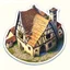 Placeholder: aerial view of a digital artwork of a medieval village house as a sticker