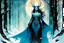 Placeholder: create a wildly conceptual full body portrait illustration of sorceress with highly detailed feminine facial features, in an ethereal, otherworldly , darkened, ancient winter forest , in the comic book art style of Bill Sienkiewicz, Mike Mignola, Sparth, and Jean Giraud Moebius, finely drawn, colored and inked, suffused with dramatic natural light and shadow under a midnight blue moon