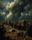 Placeholder: Bosch painting style, nightmare , a lot of people on the ground dead scared because of the The Black Death was a bubonic plague pandemic that occurred in Europe , dead bodies are carried by wagons dramatic, great quality picture with cinematic scenes , heavy clouds in the background