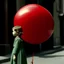 Placeholder: A girl talking to à red balloon, l, in the style of an autochrome