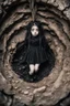 Placeholder: Closeup petit Girl goth with big eyes, fullbody, ragged clothes, extended like roots, the perspective looking up from the bottom of an empty well ,8k,macro photography,