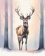 Placeholder: deer with antlers standing sideways, looking at viewer, realistic water color painted, among light colored tall simplified tree trunks, foggy, Easter Spring pastel colors, colorful, dark background