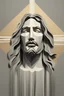 Placeholder: Abstract monochrome illustration featuring only various shades of gray. The image is made of paper manipulated to create shapes and shadows, in the shape of the face of Jesus Christ looking up, bright golden tones. It has wavy edges that create a sense of movement and fluidity with contrasting light and dark areas, with shadows accentuating the shapes and adding depth to the piece.
