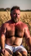 Placeholder: full body shot photography of a relaxing tired burly beefy neapolitan farmer 50 years old under the sun sitting down in a wheat field, dirty, ugly, manly chest, sweat, with the shirt open, boxer, bulge, view from top, 35mm lens , misery and poverty, countryside,