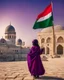 Placeholder: Artistic red purple little palestinian girl Holds a flag of Palestine In front of the Dome of the Rock , PRINT medieval style