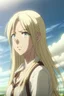 Placeholder: Attack on Titan screencap of female with long hair and white eyes. wit studio screencap. Beautiful background scenery behind