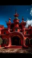 Placeholder: A dark red palace with a fiery dragon designed in Mexican folk art painted by Salvador Dali