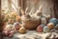 Placeholder: photorealistic image, browned, faded, last century style photograph with knitted and embroidered bunnies, painted Easter eggs in basket, flowers, in sunlight, edges of image appear burnt, ethereal, cinematic postprocessing, bokeh, dof