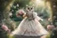 Placeholder: an anthropomorphic, owl bride happily throwing a bouquet in a beautiful garden. The owl has fluffy feather in shades of light brown and grey with distinct tabby markings on its face. Its large, expressive eyes are a deep emerald green and it has a small, pink nose. The owl is wearing embroidered white lace bride dress, tulle, gemstones, pearls, adorning the hem and bodice. Behind her, a celebrating crowd, owls and people dressed in elegant clothes, wedding food and cake on the tables. Behin