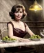 Placeholder: Ultra realistic photographic portrait, happy elegant Gina Lollobrigida woman sitting with arms resting on Italian kitchen table, pretty tortellini dish with olive oil and albahaca, renaissance style decoration, cold, soft color, highly detailed, unreal engine 5, ray tracing, RTX, lumen lighting, ultra detail, volumetric lighting, high definition.