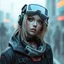 Placeholder: a pretty blonde woman wearing streetwear, robotic parts, digital art, stylised