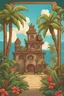 Placeholder: The external frame of the back side of a card for events in a board game. tropical fantasy cartoon style.