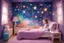 Placeholder: As the adorable girl sits in her bedroom, she marvels at the shining stars adorning her galaxy wall, letting her imagination roam free as she dreams of creating breathtaking drawings with vivid colors.