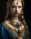 Placeholder: Young noble lady with golden hair and striking blue eyes. Elegant medieval dress with fine embroidery. Adorned with gemstone jewelry. Graceful posture, confident expression. Aristocratic features. Fantasy court setting, refined atmosphere.