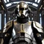 Placeholder: star wars bald male corellian pilot wearing pearlescent black and gunmetal grey First Order special forces heavy assault armor and helmet with gold trim inside the jedi temple, centered portrait, hyperdetailed, dynamic lighting, hyperdetailed background, 8k resolution, volumetric lighting, light skin, fully symmetric details