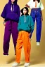 Placeholder: year 1998 women fashion. Loose, baggy, low waist Combat pants, t-shirt, new kind of hoodie with tippet! recycled denim straight trousers. Colors: denim blue, blue, purple, cream, khaki, "light green", lilac, plum, orange, terracotta, red, light yellow, lion yellow, pink, dark blue, beige. Sturnus vulgaris-print. wide belt. Partly latex or leather. Kylie Minogue, Tyra Banks. leg warmer. Cargo pants and hoodie!