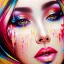 Placeholder: iv_a painting of a young woman, figurative art, an acrylic detailed painting, , brush strokes, paint drips and drabs and splatters by Harumi Hironaka, turquoise pink and yellow, james terrell art, trending on artstation, soft lines,intricate art by bastien lecouffe deharme and greg rutkowski