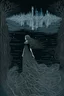 Placeholder: A ghostly apparition of a woman floating in the still waters of a dark lake, surrounded by a desolate gothic landscape. The woman's hair and dress flow around her as if suspended in time. The intricate details are reminiscent of gothic art, with intricate patterns etched into the decaying architecture surrounding the lake's edge. ((The overall color scheme is very dark and shadowy, with hints of purples and blues to create an eerie atmosphere.))