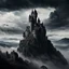 Placeholder: a black and menacing castle floating in midst air, hilly environment, cloudy sky