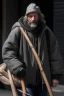 Placeholder: A homeless man carries a stick with his belongings on it.