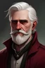 Placeholder: portraint of a man with white hair, skinny face, muscles, wine red and black jacket, and mid long beard, age 27
