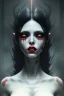 Placeholder: Dracula girl, cute, beautiful, white eyes, red lips, black hair, vampire tooth with bangs, goth, close up portrait by Greg Rutkowski