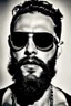 Placeholder: Artistic photo in the audacius style of Jill Greenberg, of man with a luxurious and striking style, abundance of jewelry, oversized sunglasses, neat black beard, feminine manirism, prints, desafiant, extravagant, barroque escene , impasto style with thick texture