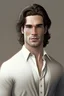 Placeholder: handsome, fit, late 20s, pale white man with well-styled, short, dark brown, wavy hair in business-casual clothes