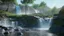 Placeholder: Sunny day, Epic waterfall landscape, rocks foreground