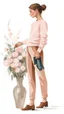 Placeholder: Painting a haughty beautiful standing woman, light pink sweater, brown long pants, brown shoes,bouquet of flowers in hand,kijkt achterom