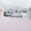 Placeholder: A super high definition photo of an open space with white structures and a large computer screen. A transparent tarpaulin covers a ruined building. There is a group of fir trees in the background and a high hill in the distance. The surface below is in a pastel color. Fog is present.