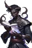 Placeholder: En male black skin tiefling fra dnd holding a book with Arcane Magic simple swirling around them in a silver Rope