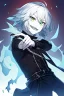 Placeholder: plauge doctor in balck leather clothes with silver hair, pale skin and bright green eyes smiling with sharp teeth, nice young face, male, viscious smile