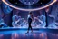 Placeholder: modern stage with gray-blue theme artistic decoration , color full dynamic lighting, a beautiful lady in pants and blouse with sport shoes dancing, 3D recursive fractal structure animating background