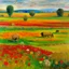 Placeholder: A field with flowers, haystacks, and animals in aboriginal art painted by Claude Monet