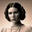 Placeholder: analog style, half-length color photo shoot, three-quarter face pose of carrie fisher as Princess Leia with realistic fine and very simple short hair, entrancing deep brown eyes, Intricate, High Detail, Sharp focus, realism, rim lighting, Nikon D850, ef 85mm 5.6 by Annie Leibovitz, dark plain background