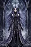 Placeholder: a dark fantasy anime character with large expressive dark eyes goth make up, dark-purple-black-silver color long hair that appears to flow like water. The surreal stunning character wearing a whimsical dress adorned with gothic patterns , silver lines, lacy, and standing in a surreal, nightmare haunted hall. ruins, random dark fantasy background, pale light, raven, spider on corner