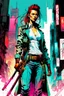 Placeholder: create a full body portrait illustration of a cyberpunk samurai female police detective, with highly detailed and deeply cut facial features, in a chaotic, turbulent, otherworldly city in the comic art style of BILL SIENKIEWICZ and JEAN GIRAUD MOEBIUS, searing lines and forceful strokes, precisely drawn, inked, and darkly colored