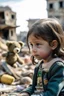 Placeholder: side view to palestinian little girl looking at face to face her toy with tears and Destroyed buildings in the background