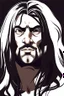 Placeholder: This image depicts a lifelike caricature of a man with long hair. The man is the central figure in the picture, taking up most of the space, with his features and hair color against a white background. The image has an artistic style that leans toward abstraction, making it an interesting piece of art. The man's face is one of the most dominant aspects of this image. His facial features are emphasized, and a lot of character is shown, which is typical of anime drawings. This photo doesn't h