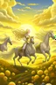Placeholder: Fantasy digital art: fairies with golden hair, and white dresses descend from fluffy clouds towards a meadow with brown horses
