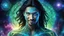 Placeholder: beautiful gorgeous young man na'vi with long hair, Avatar, blue skin, two small ears, green eyes, black hair, in cosmic suit, galactic ambiance, medium pointy goatee , smiling, nebulas and sacred geometry light figures on the backgroud,