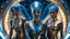 Placeholder: couple, humanoid woman, alien, double exposure, silver skin, slender muscular warrior, tentacles, gold, blue, copper-zinc orichalcum jewelry and piercings, beautiful face, mesmerizing starry eyes, smooth translucent skin, hourglass, glowing, glare , size DD.