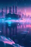 Placeholder: winter, fluffy snow, beautiful, frozen lake, modern cyberpunk city in the distance, neon lights from the buildings, fantasy world, 4k